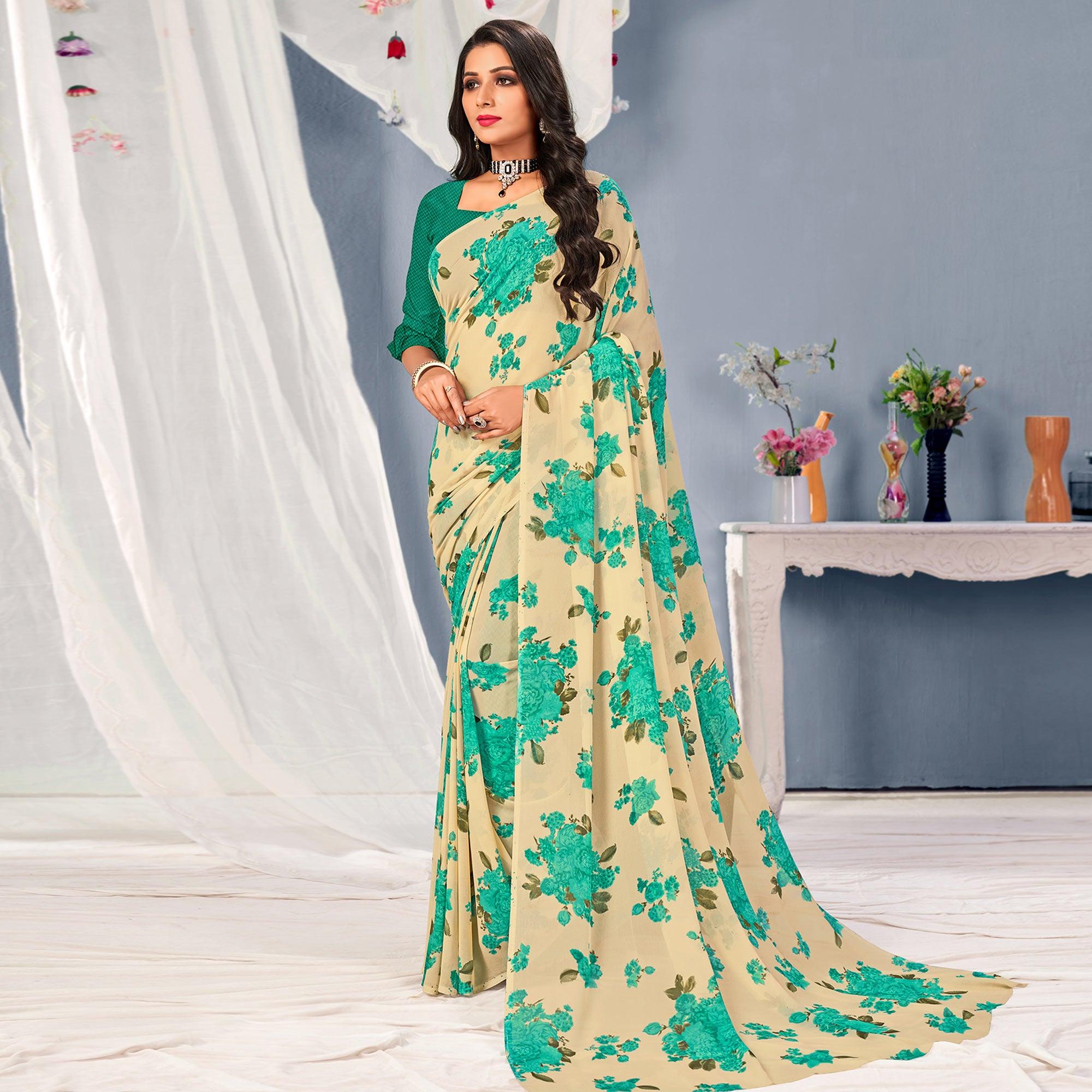 Cream-Turquoise Floral Printed Georgette Saree - Peachmode