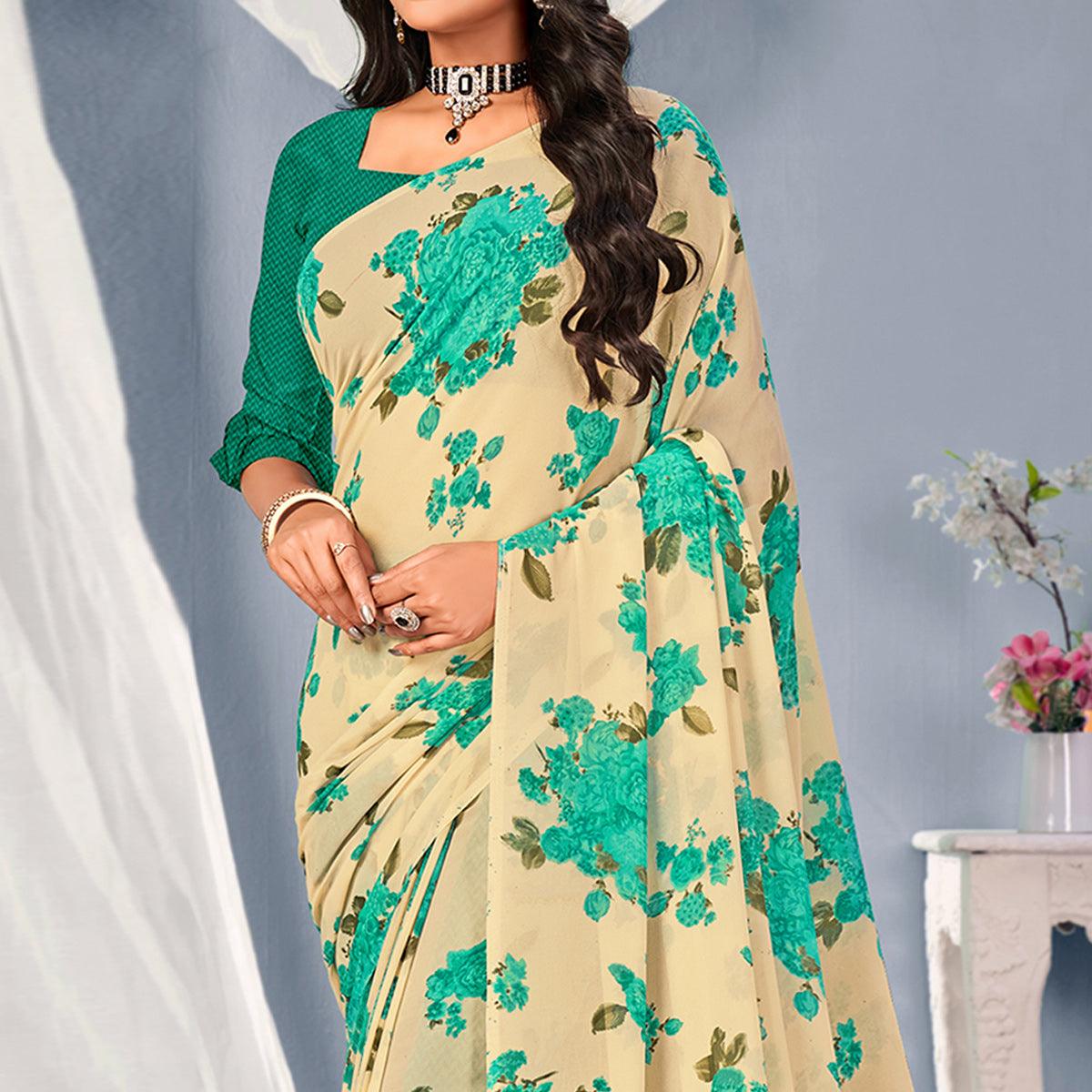 Cream-Turquoise Floral Printed Georgette Saree - Peachmode