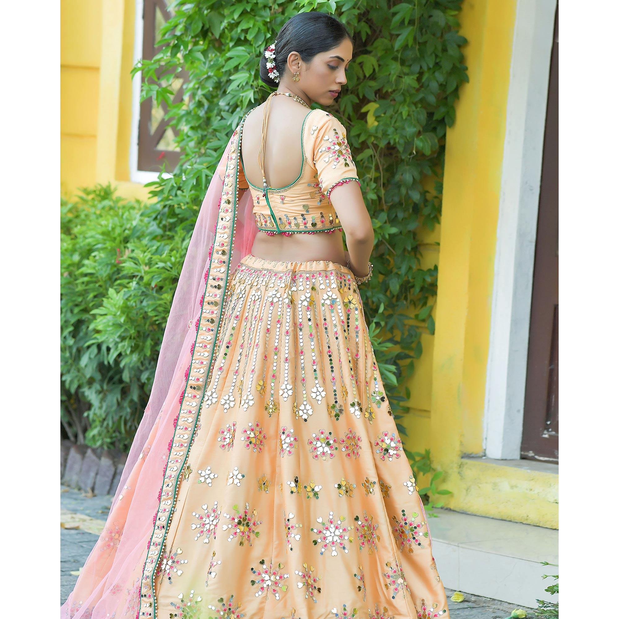 Cream Wedding Wear Floral Embroidery & Resham Work Silk Lehenga Choli - Peachmode