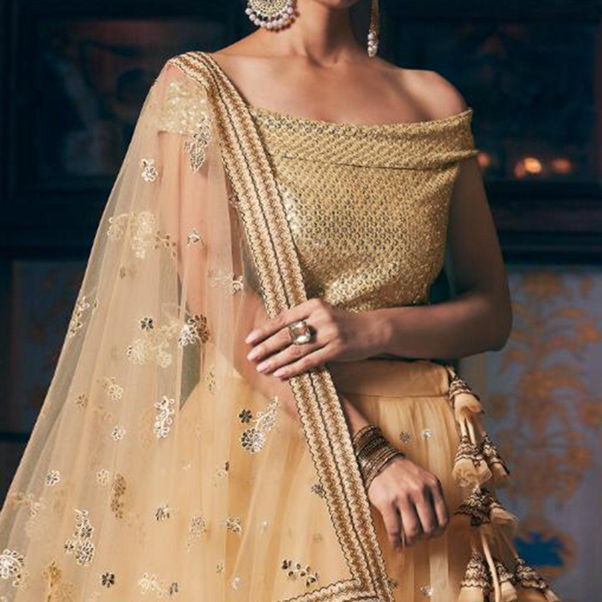 Cream Wedding Wear Floral Embroidery With Sequence And Dori Work Net Lehenga Choli - Peachmode