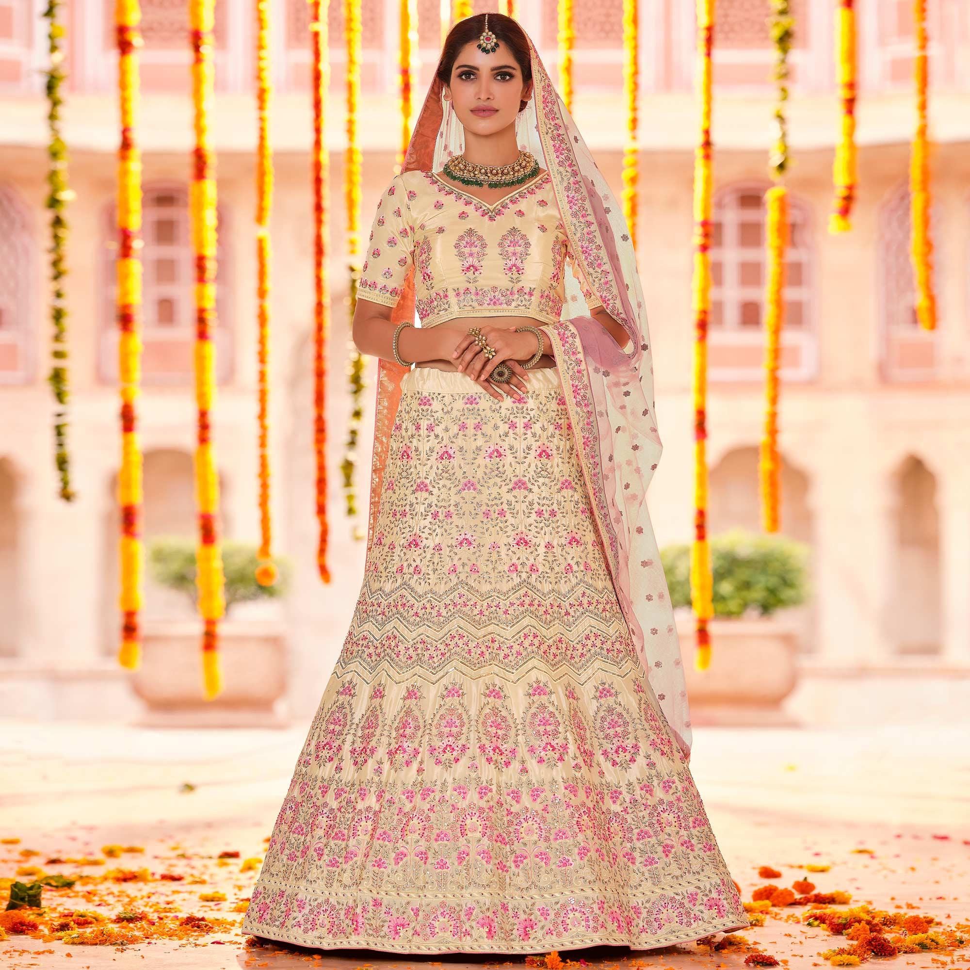 Cream Wedding Wear Heavy Embroidered Crepe Lehenga Choli - Peachmode
