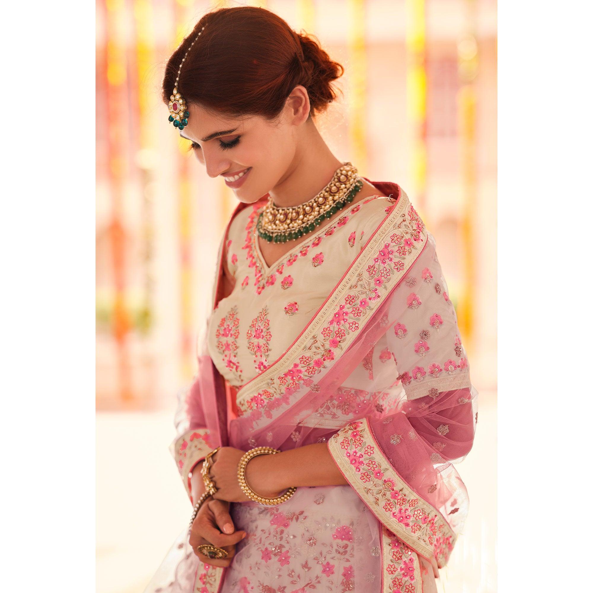 Cream Wedding Wear Heavy Embroidered Crepe Lehenga Choli - Peachmode