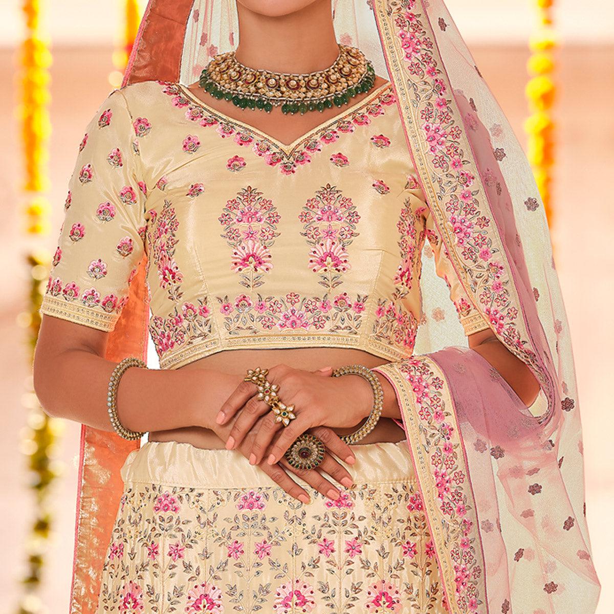 Cream Wedding Wear Heavy Embroidered Crepe Lehenga Choli - Peachmode