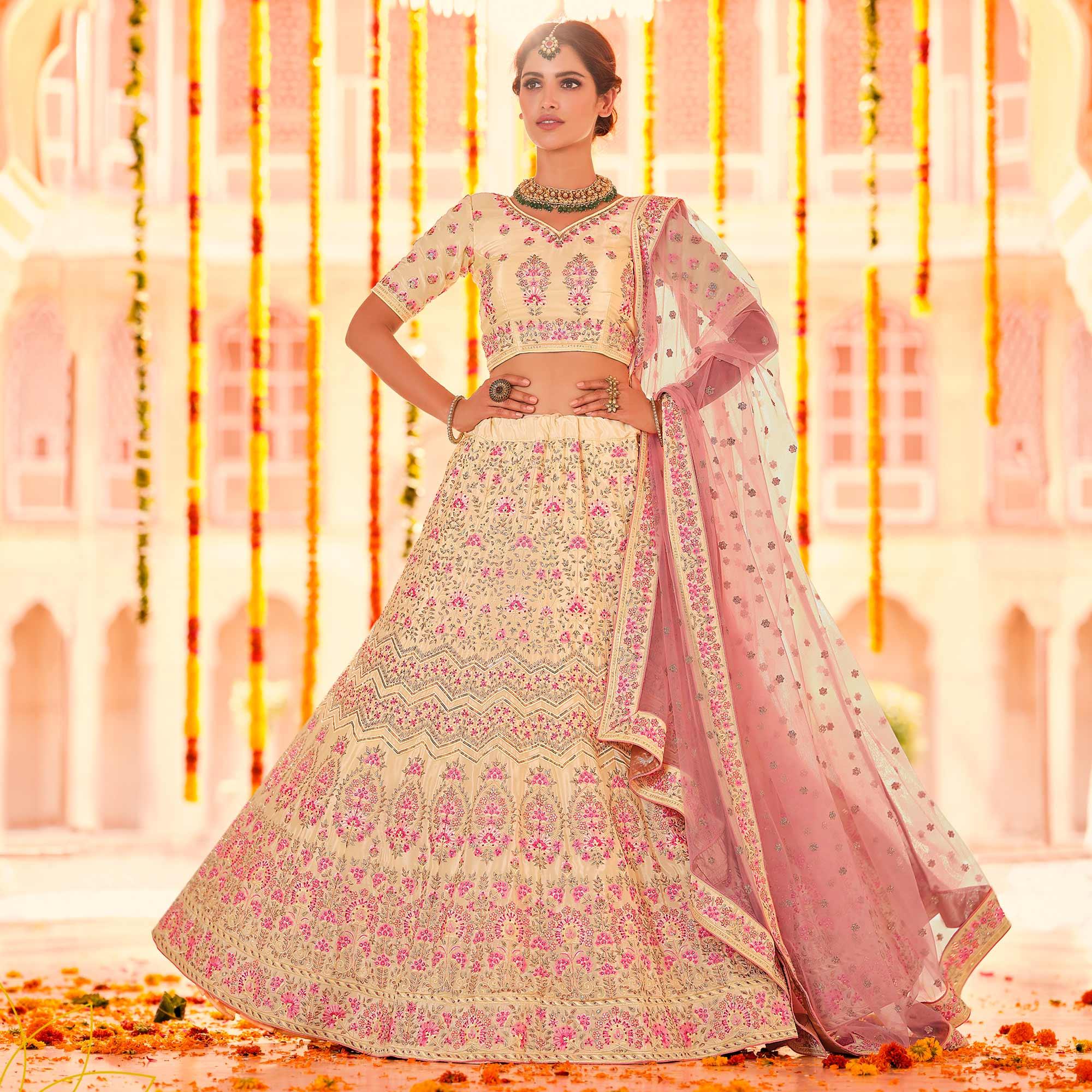 Cream Wedding Wear Heavy Embroidered Crepe Lehenga Choli - Peachmode