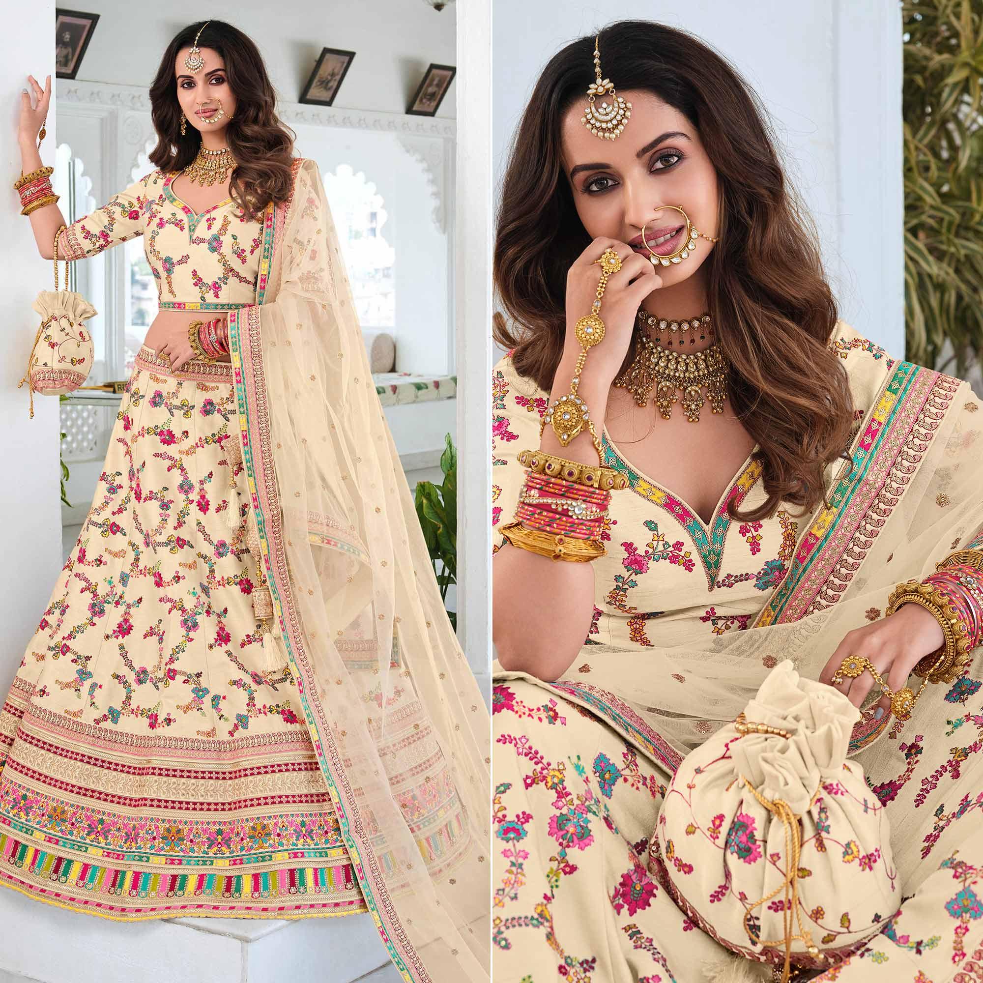Cream Wedding Wear Sequence Floral Embroidered Silk Lehenga Choli - Peachmode