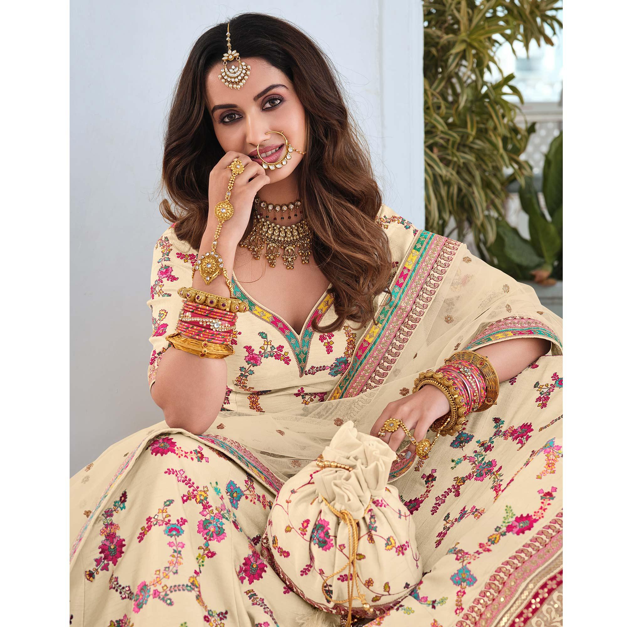 Cream Wedding Wear Sequence Floral Embroidered Silk Lehenga Choli - Peachmode