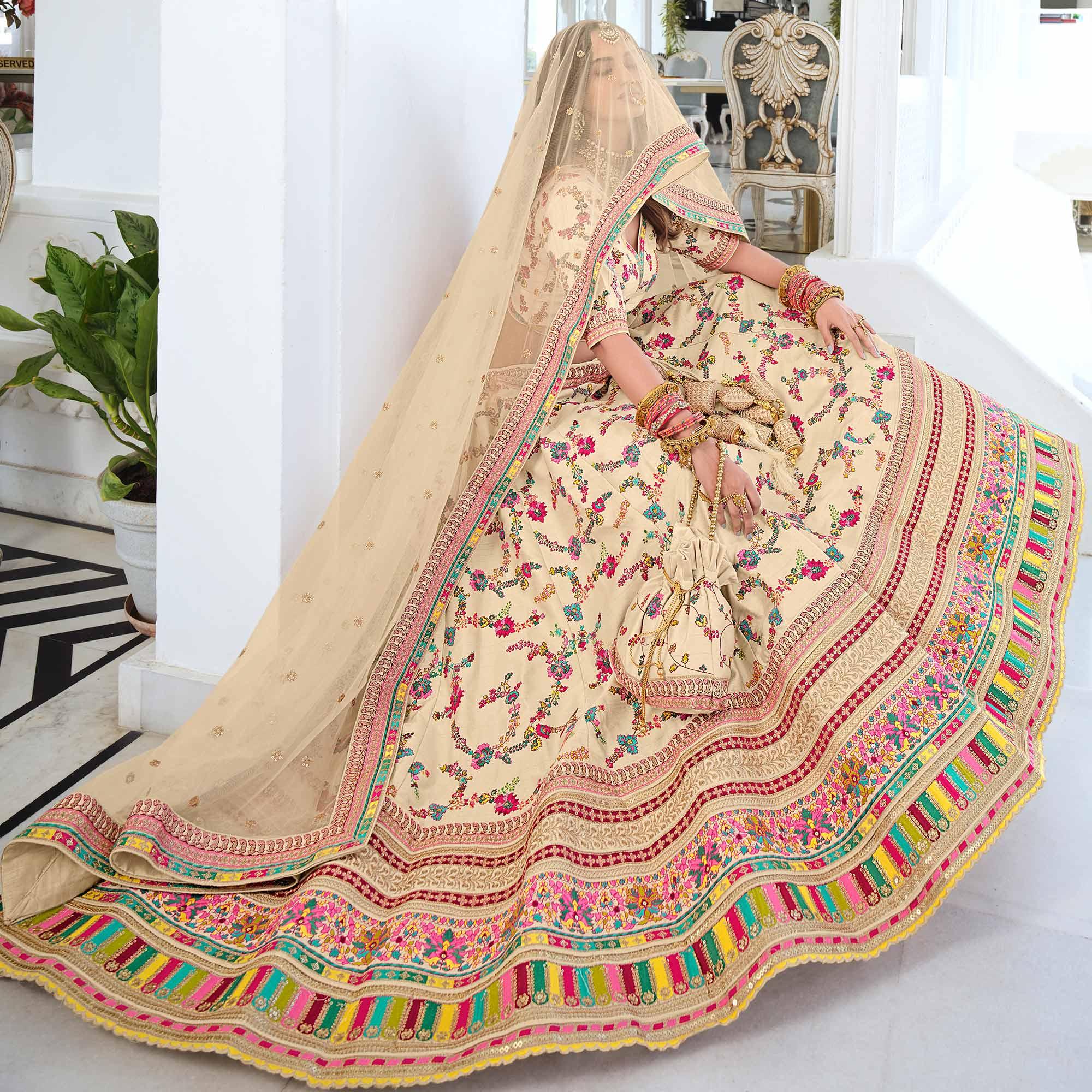 Cream Wedding Wear Sequence Floral Embroidered Silk Lehenga Choli - Peachmode