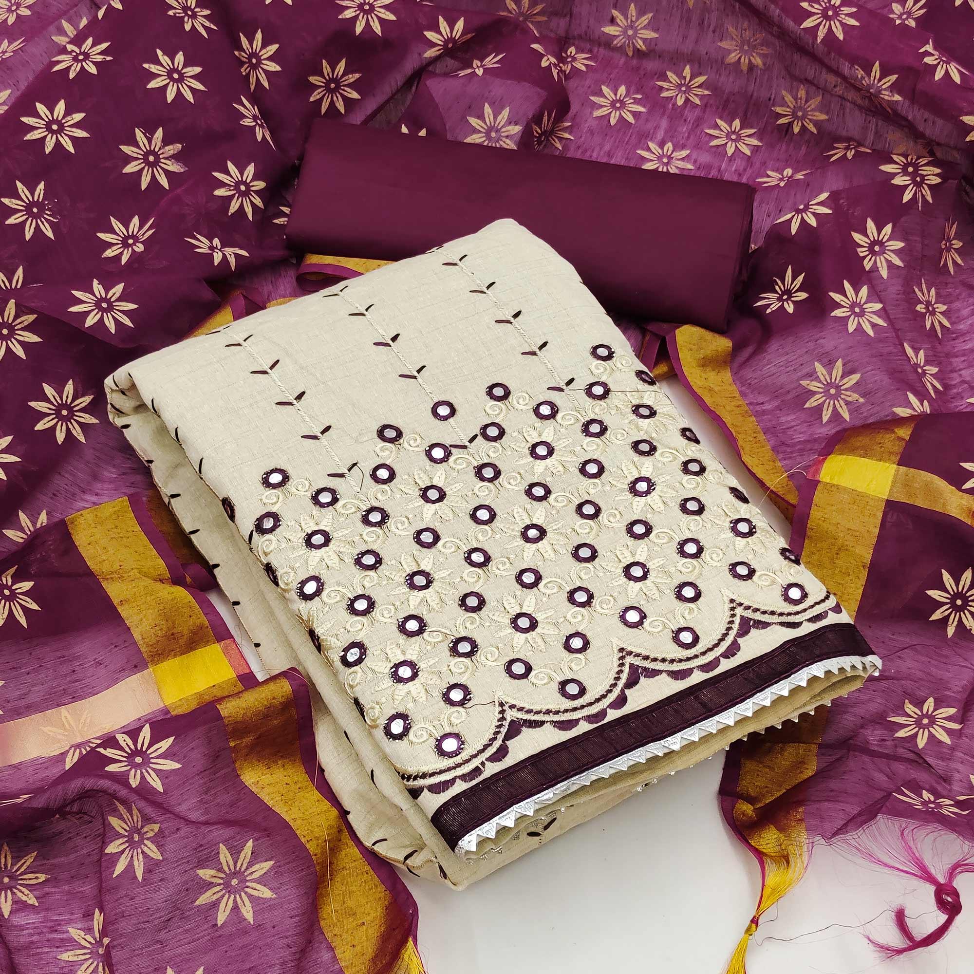 Cream - Wine Festive Wear Embroidery With Mirror Work Cotton Dress Material - Peachmode