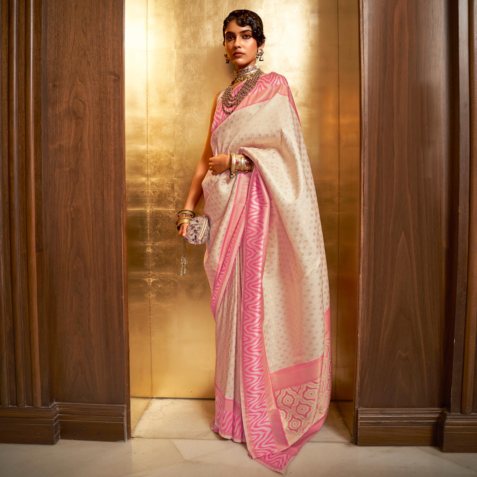 Pransul Fashion Cream Beautiful Soft And Silky litchi Silk Saree with Blouse