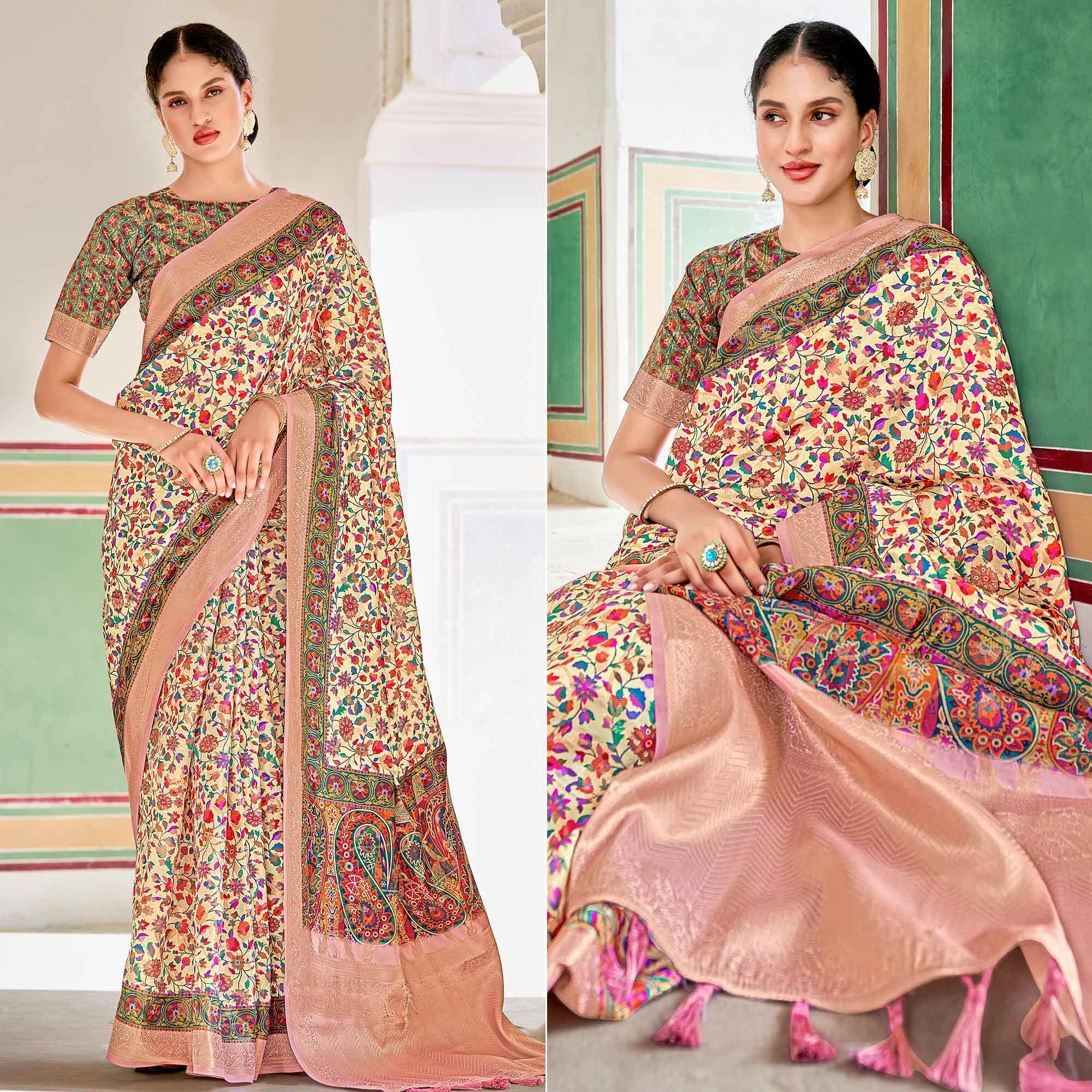 Cream Woven Art Silk Saree With Tassels - Peachmode