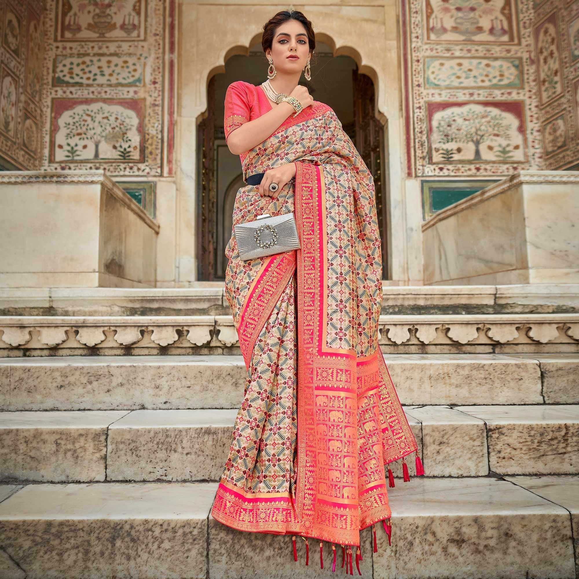 Cream Woven Art Silk Saree With Tassels - Peachmode
