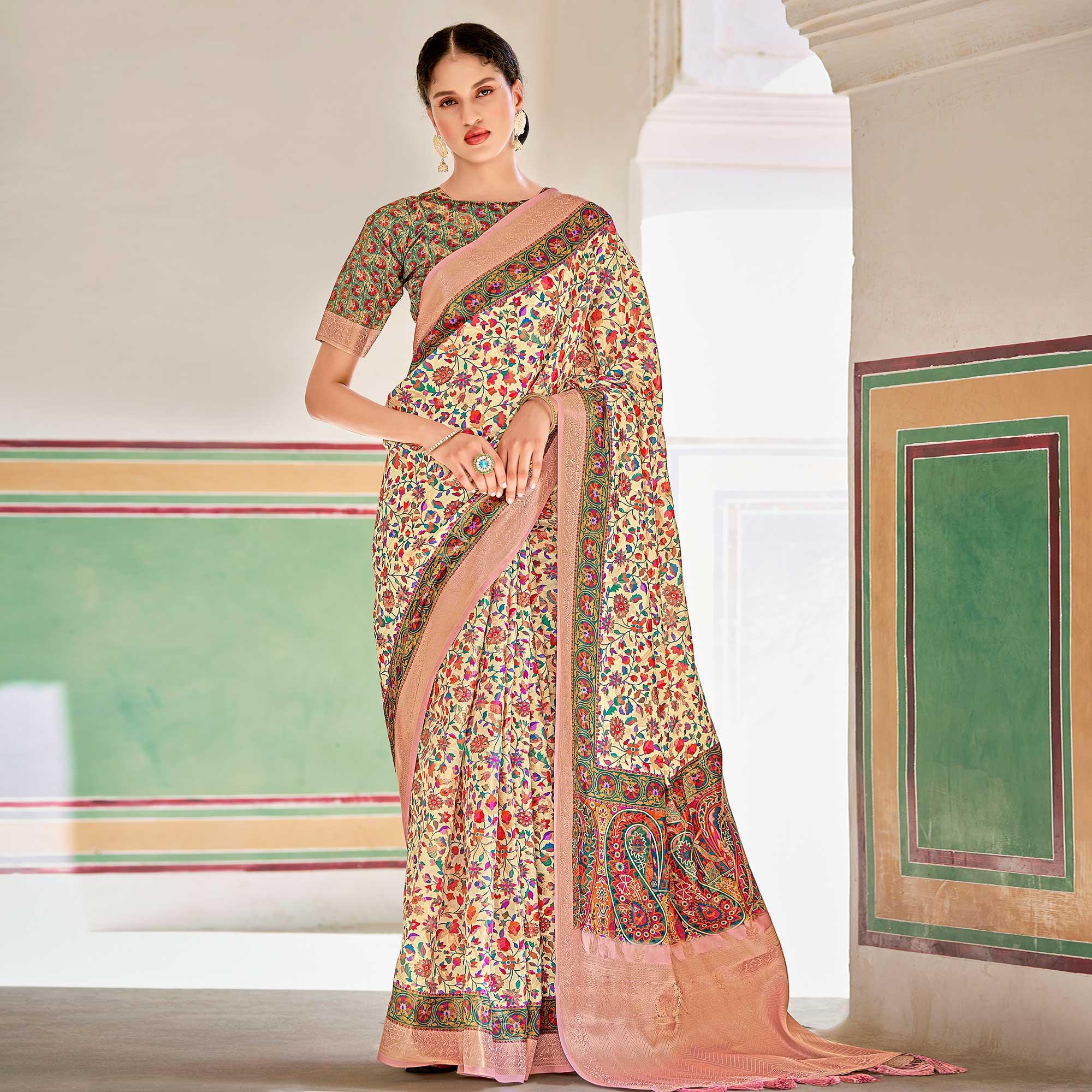 Cream Woven Art Silk Saree With Tassels - Peachmode