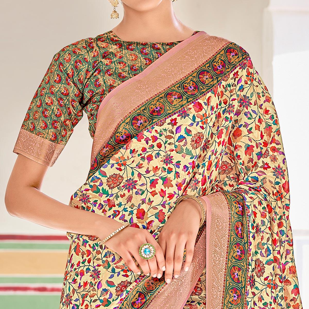 Cream Woven Art Silk Saree With Tassels - Peachmode