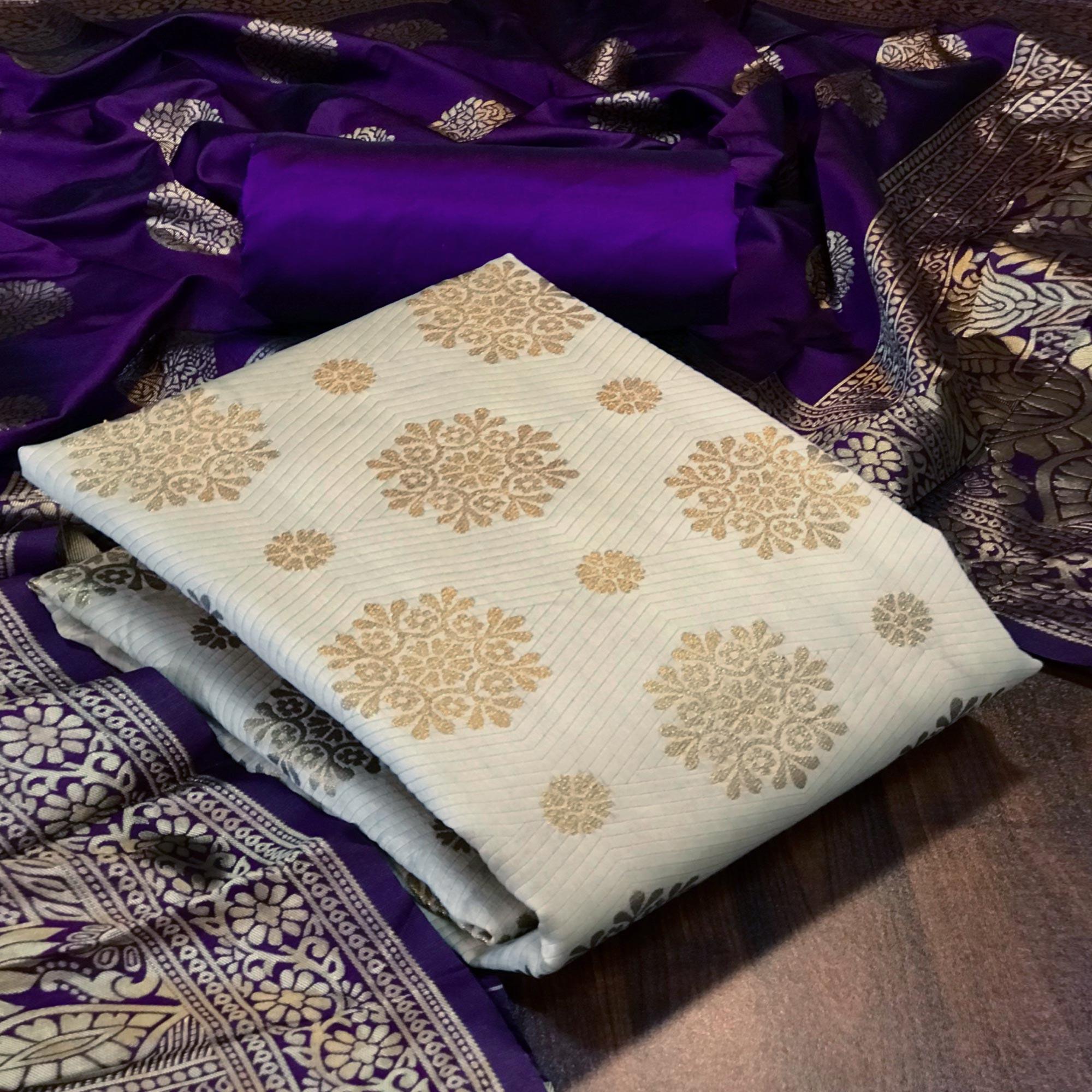 Cream Woven Banarasi Silk Dress Material - Peachmode