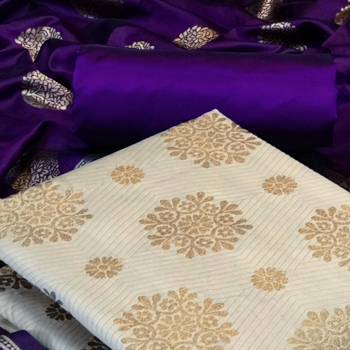 Cream Woven Banarasi Silk Dress Material - Peachmode