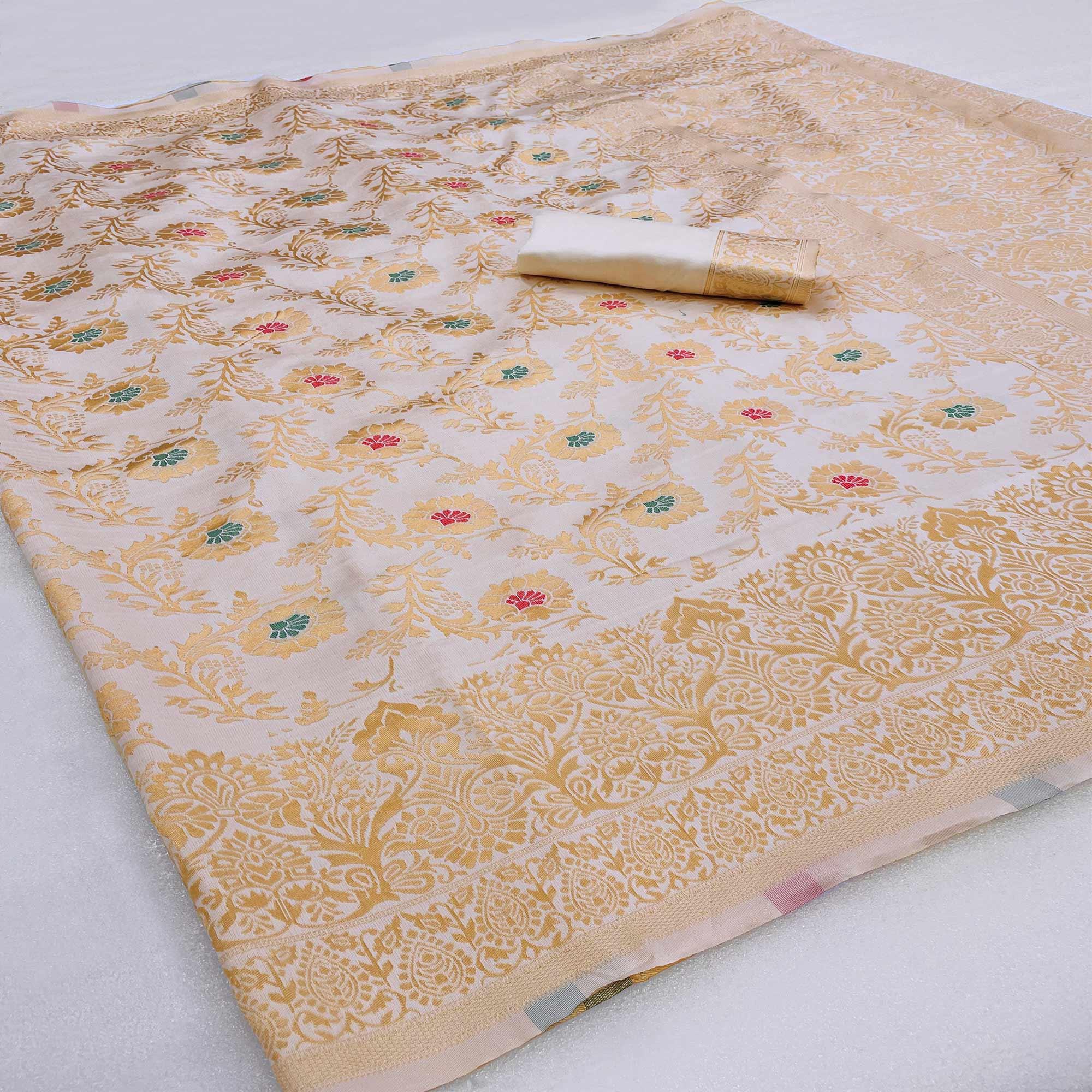 Cream Woven Banarasi Silk Saree - Peachmode