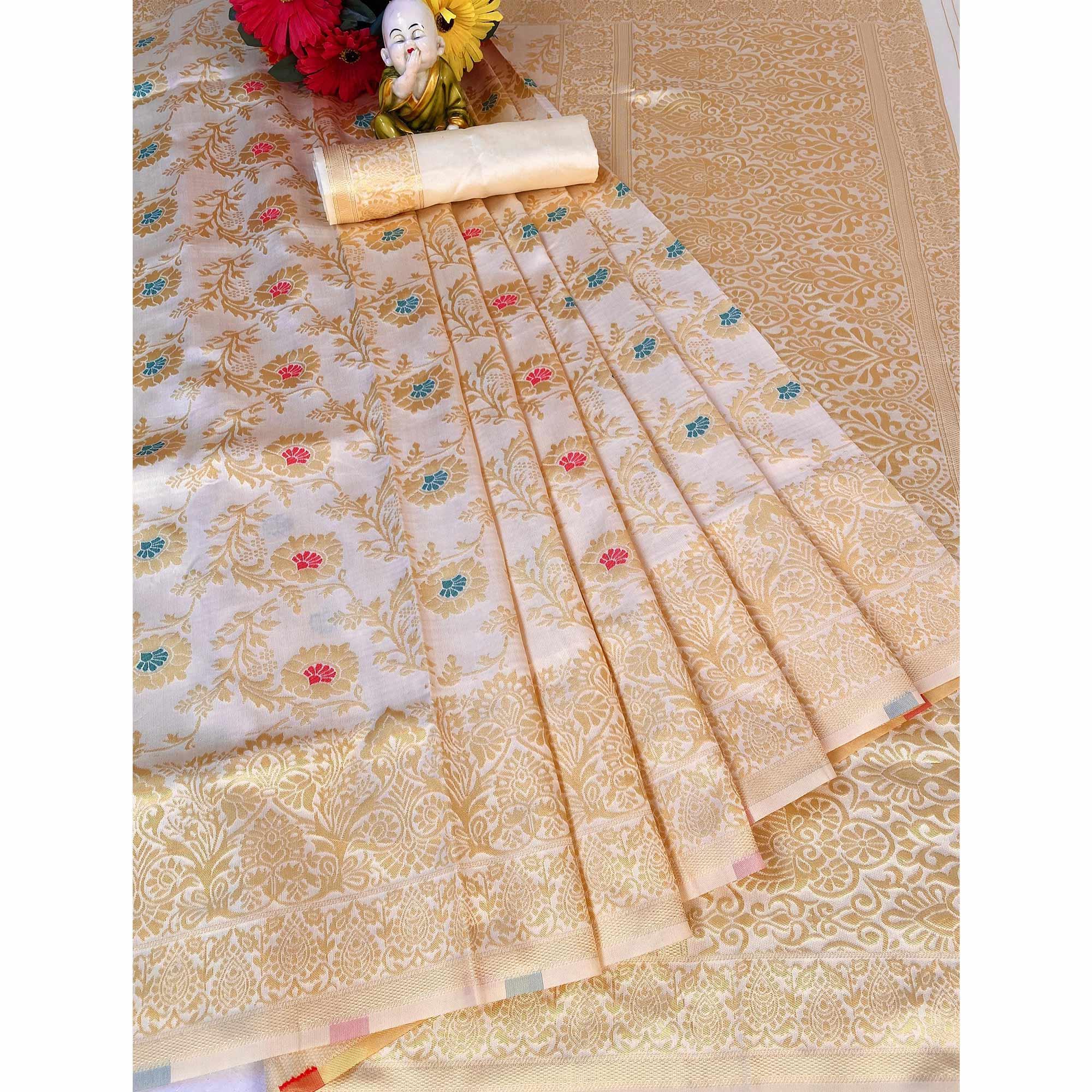 Cream Woven Banarasi Silk Saree - Peachmode