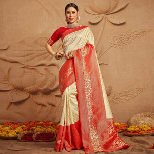 Cream Woven Cotton Silk Saree - Peachmode