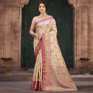 Cream Woven Cotton Silk Saree - Peachmode
