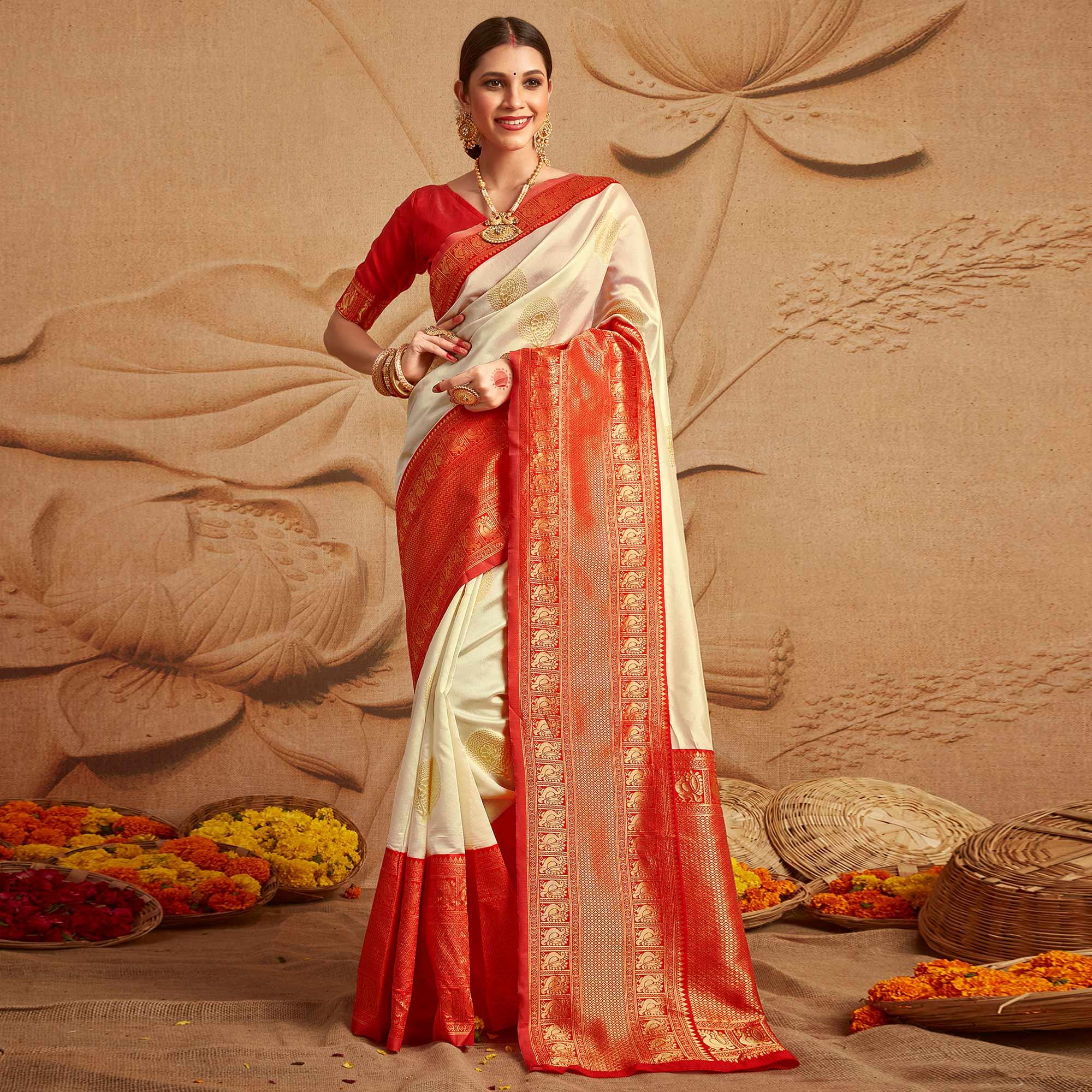 Cream Woven Cotton Silk Saree - Peachmode