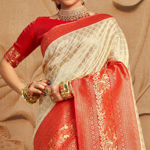 Cream Woven Cotton Silk Saree - Peachmode