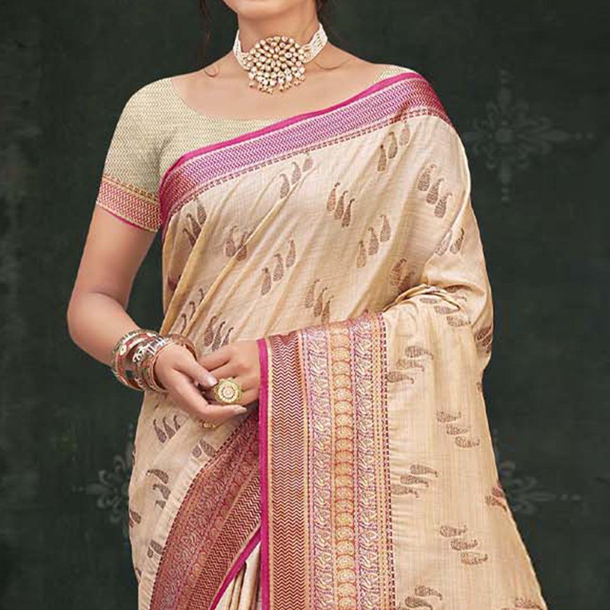Cream Woven Cotton Silk Saree - Peachmode