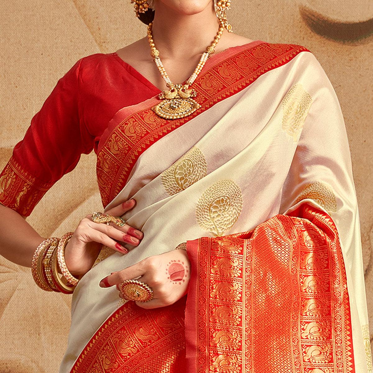 Cream Woven Cotton Silk Saree - Peachmode