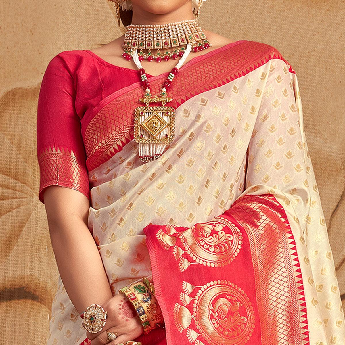Cream Woven Cotton Silk Saree - Peachmode