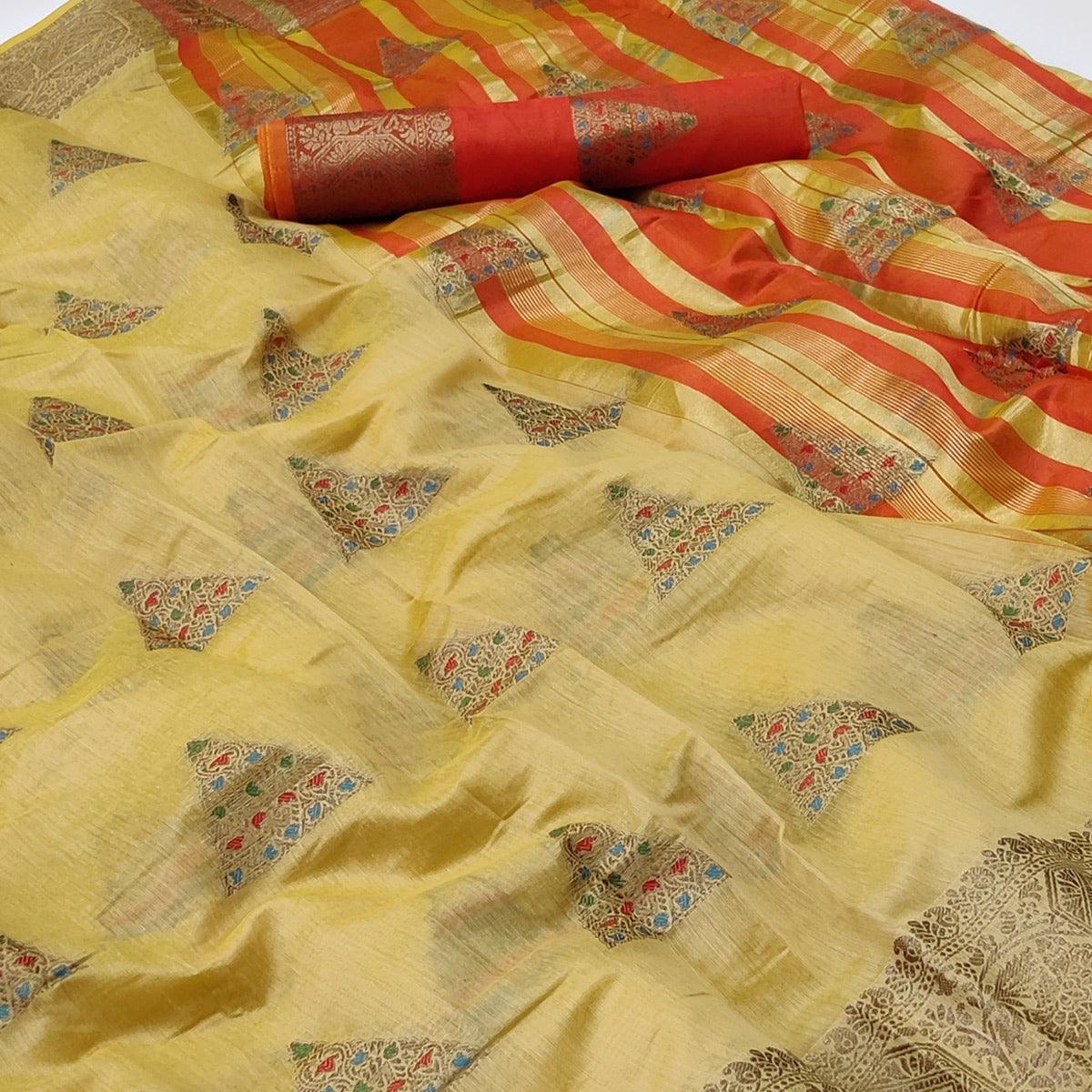 Cream Woven Cotton Silk Saree - Peachmode