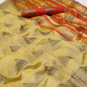 Cream Woven Cotton Silk Saree - Peachmode