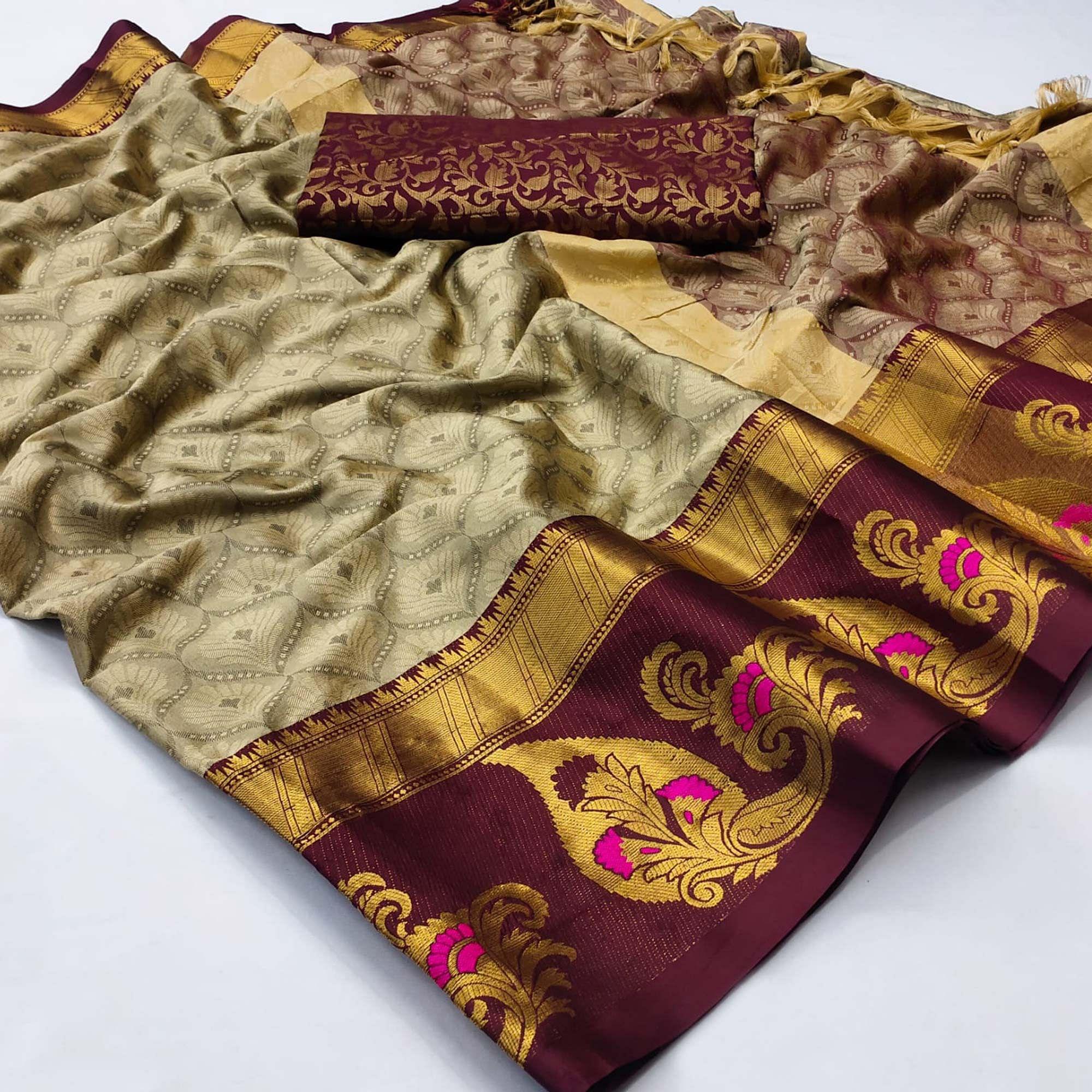 Cream Woven Cotton Silk Saree With Tassels - Peachmode