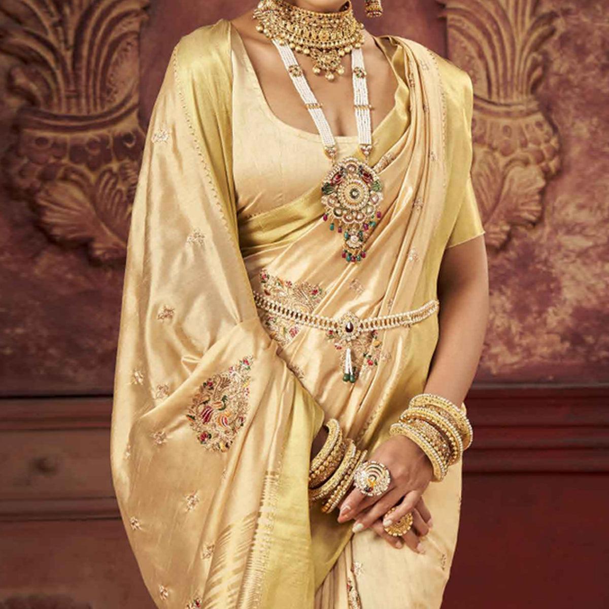 Cream Woven-Embroidered Raw Silk Saree With Tassels - Peachmode