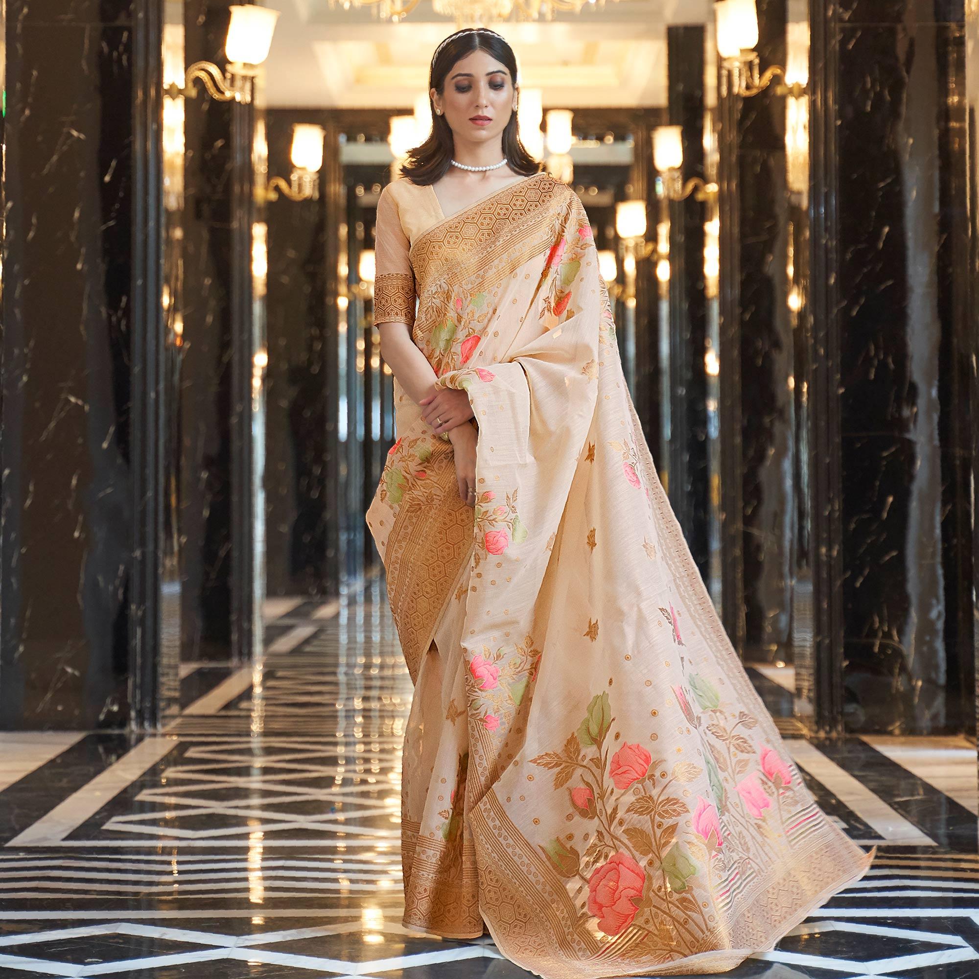 Cream Woven Linen Saree - Peachmode