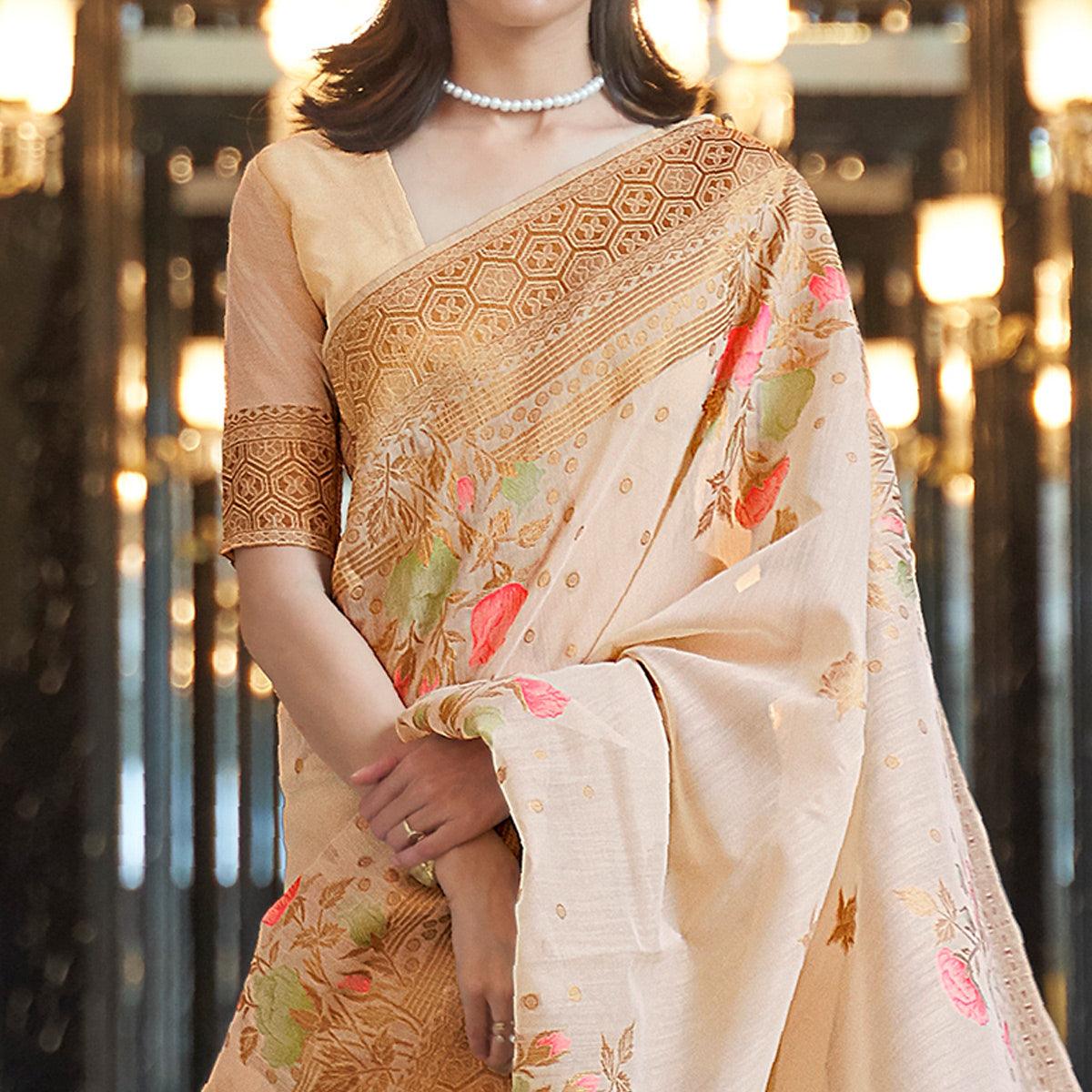 Cream Woven Linen Saree - Peachmode
