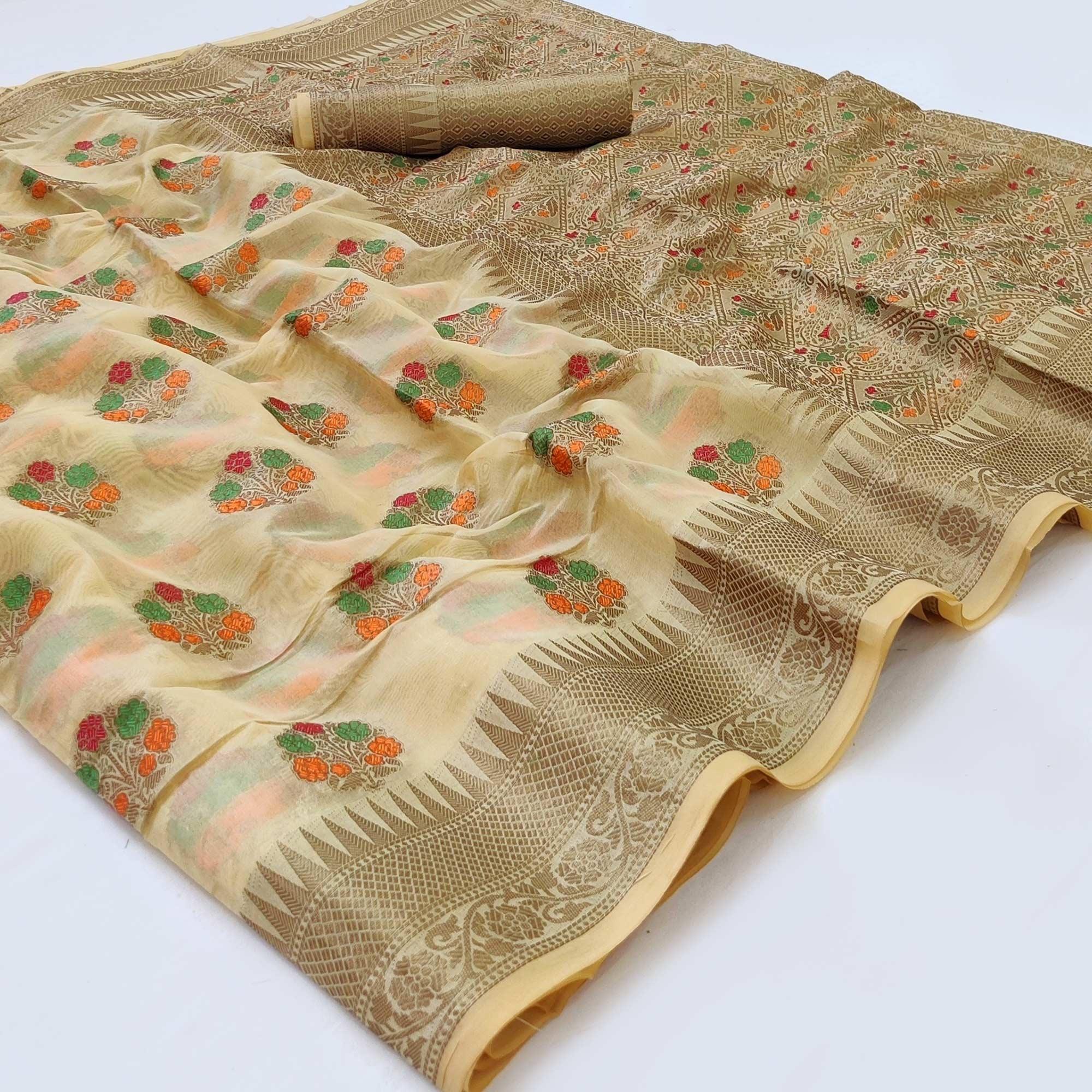 Cream Woven Organza Saree - Peachmode