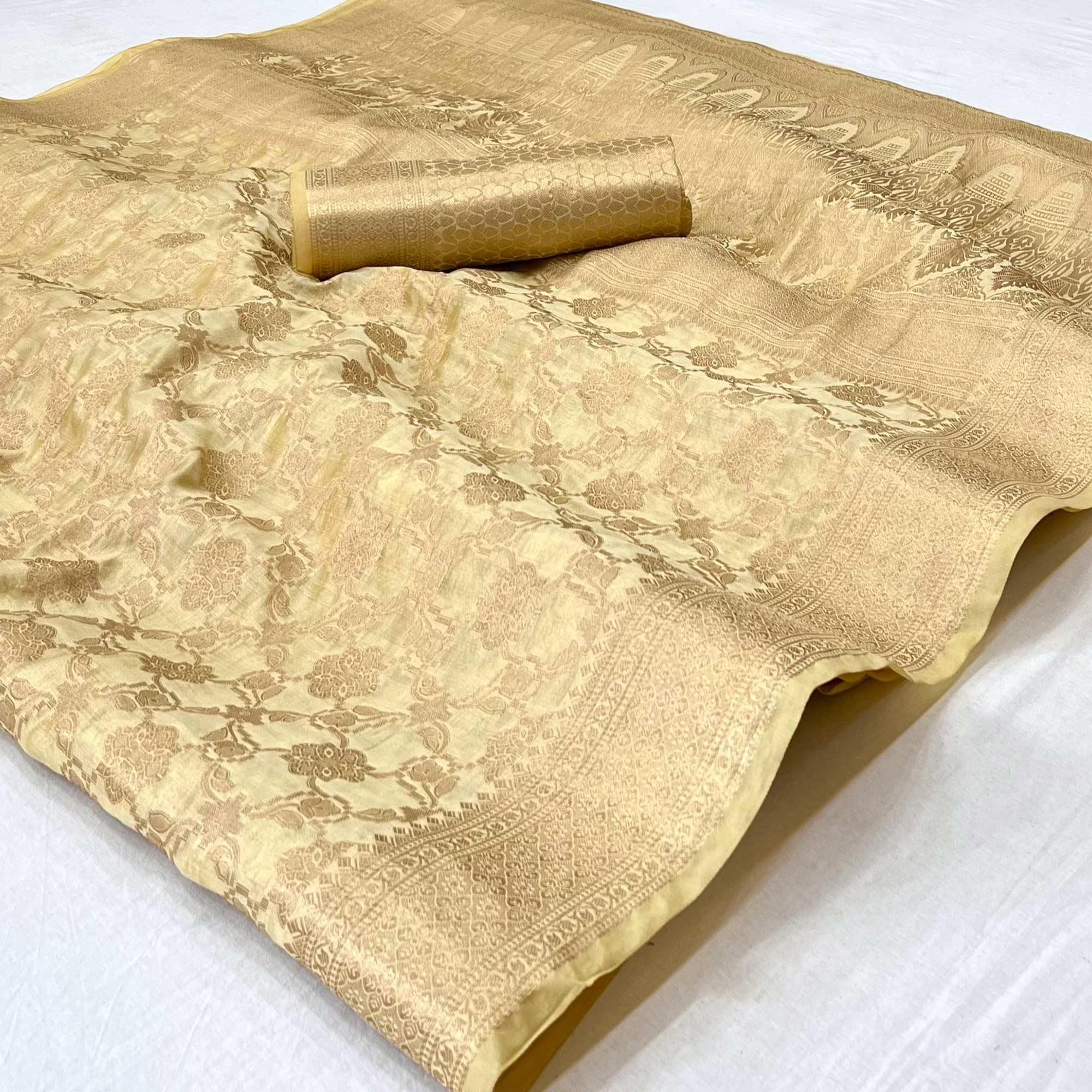 Cream Woven Organza Saree - Peachmode