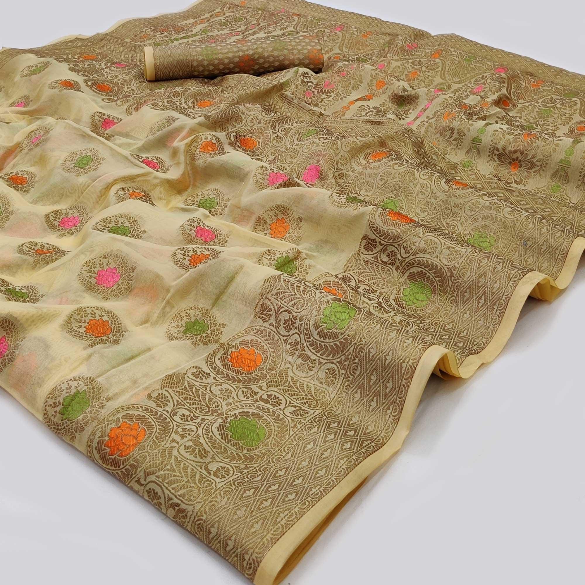 Cream Woven Organza Saree - Peachmode