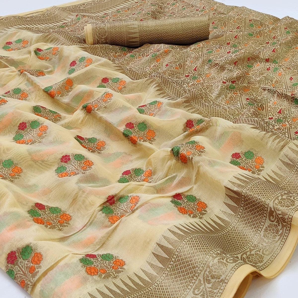 Cream Woven Organza Saree - Peachmode