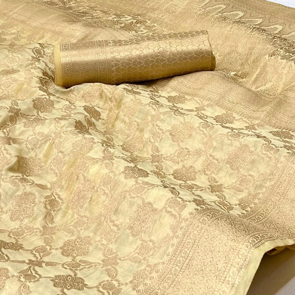 Cream Woven Organza Saree - Peachmode