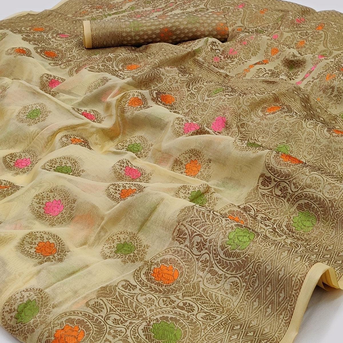 Cream Woven Organza Saree - Peachmode