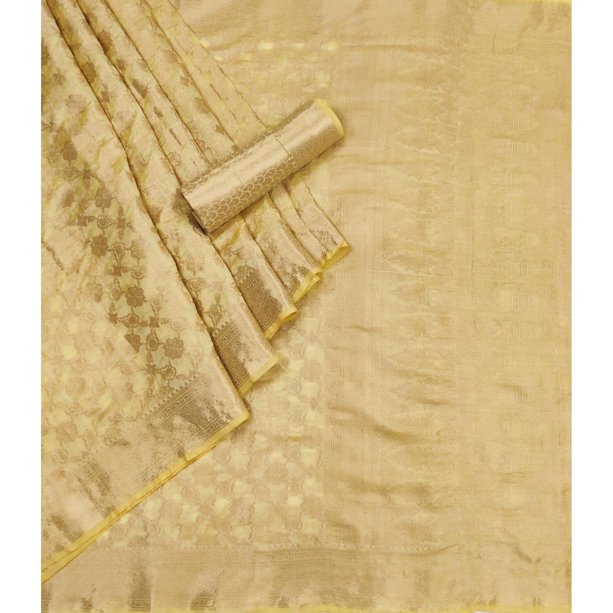 Cream Woven Organza Saree - Peachmode