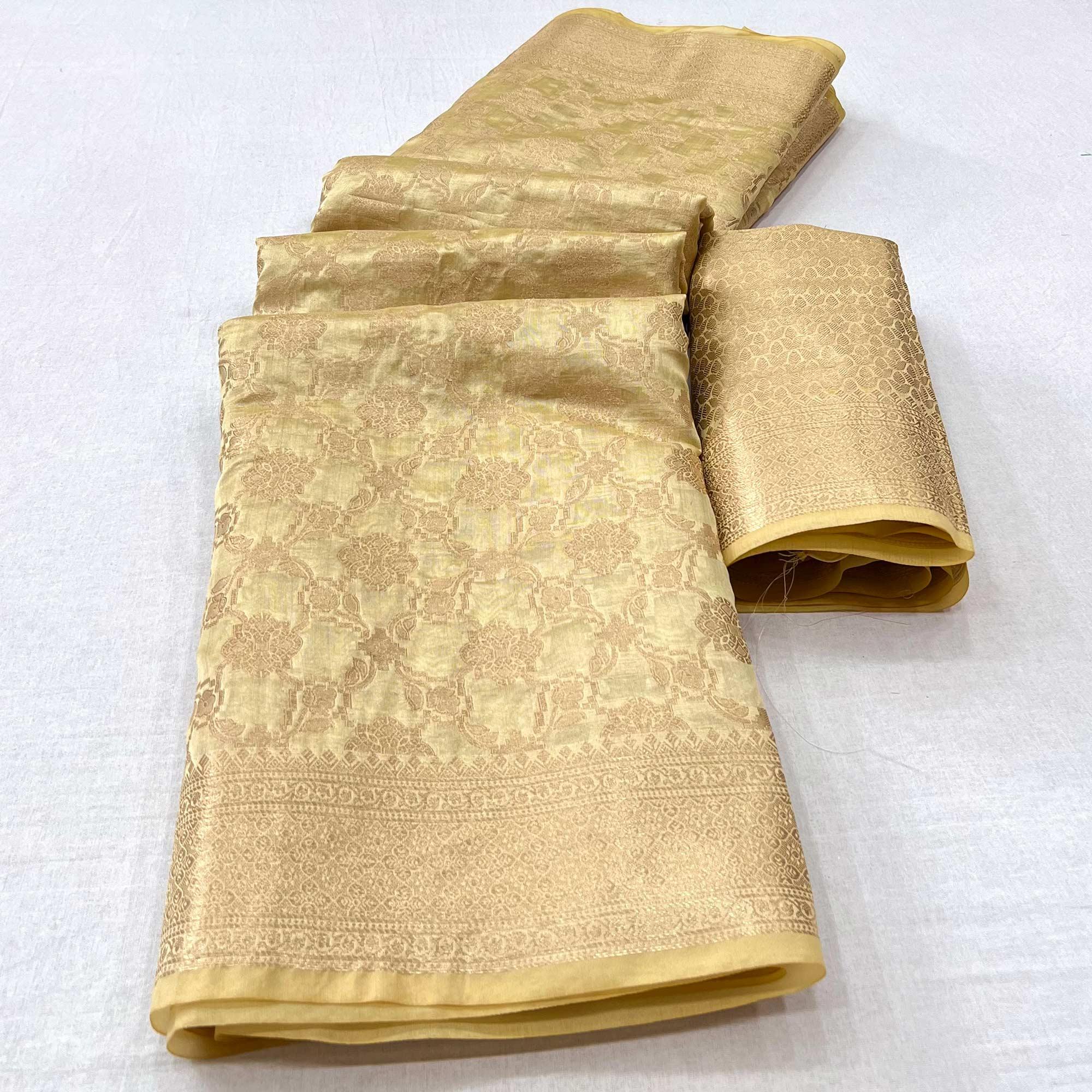 Cream Woven Organza Saree - Peachmode