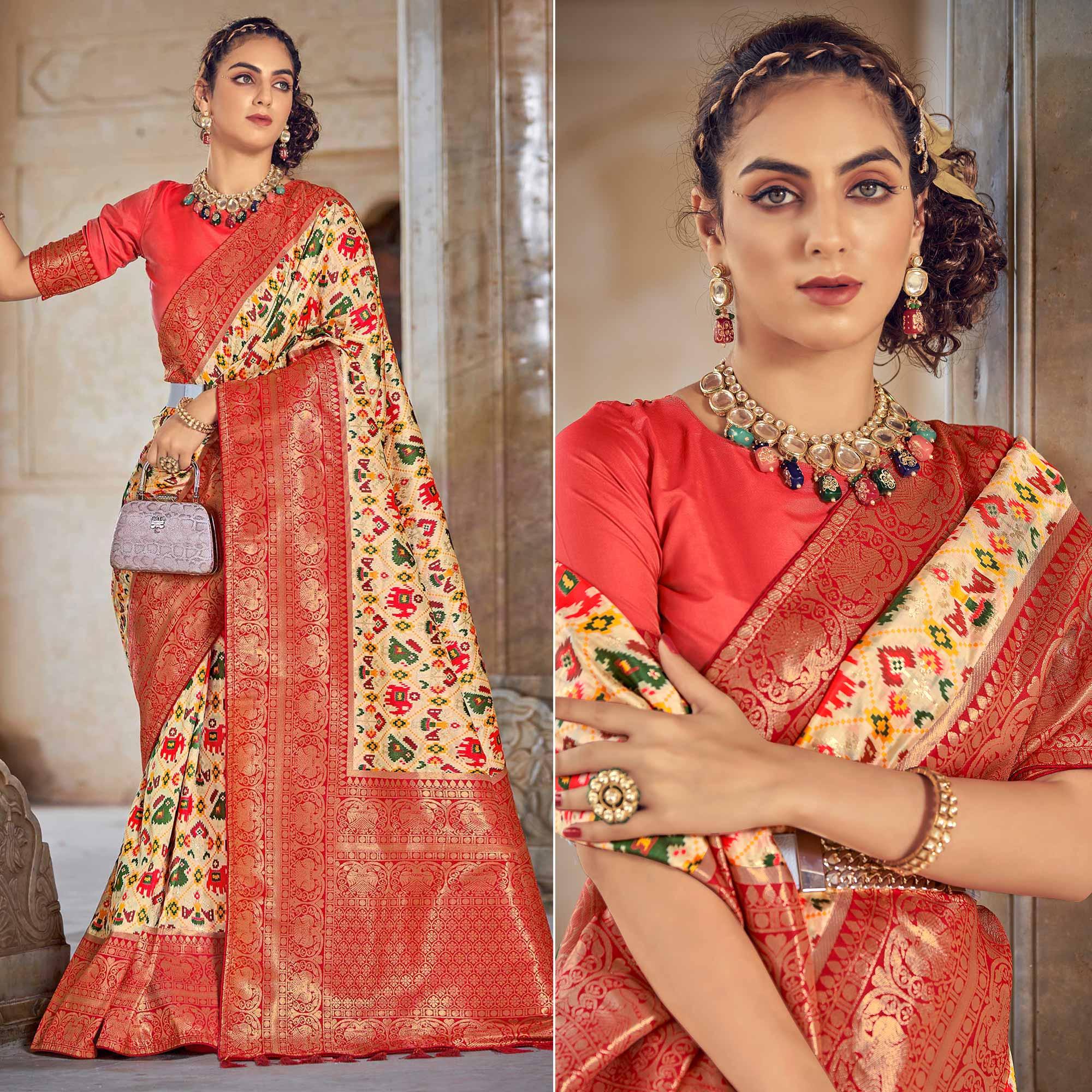 Cream Woven Patola Art Silk Saree - Peachmode