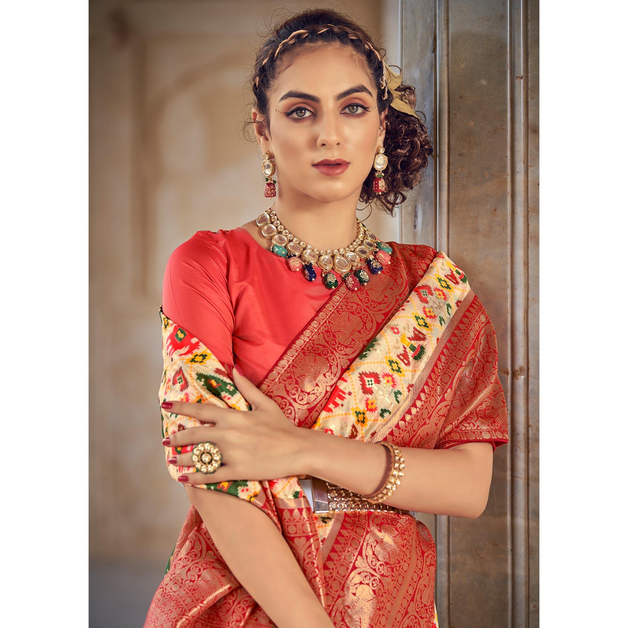 Cream Woven Patola Art Silk Saree - Peachmode