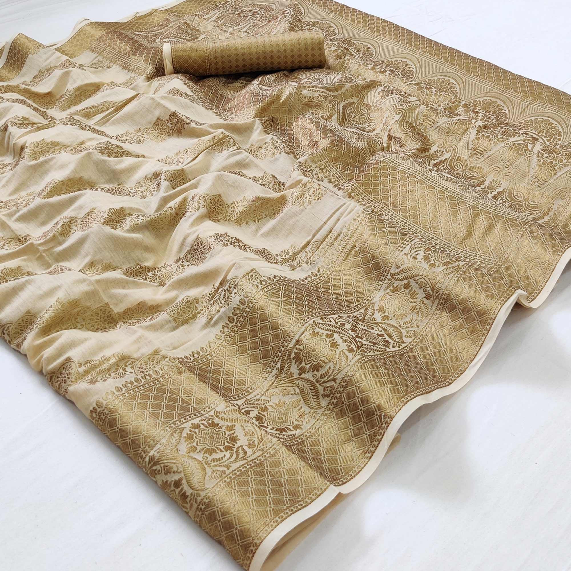 Cream Woven Poly Cotton Saree - Peachmode