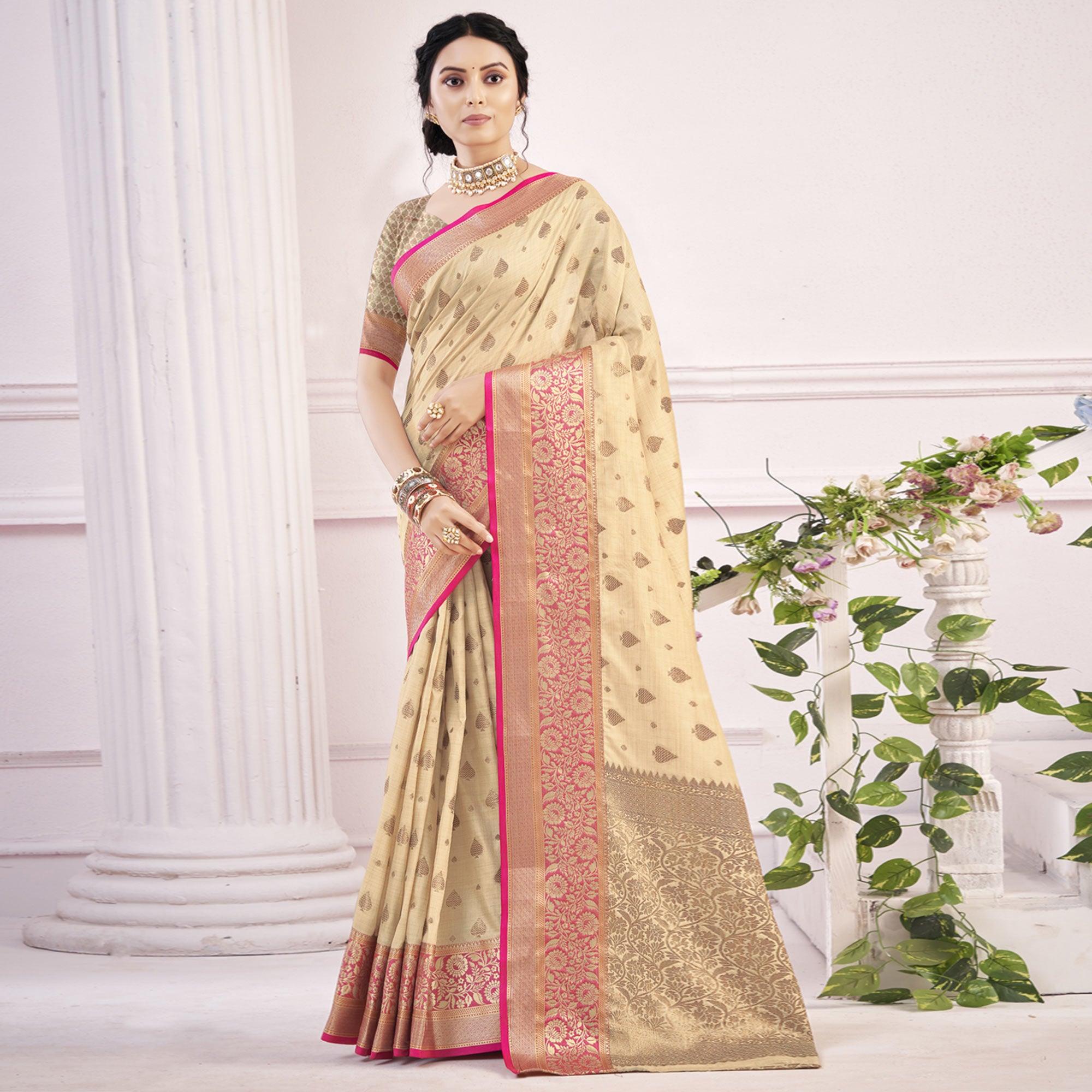 Cream Woven Poly Cotton Saree - Peachmode