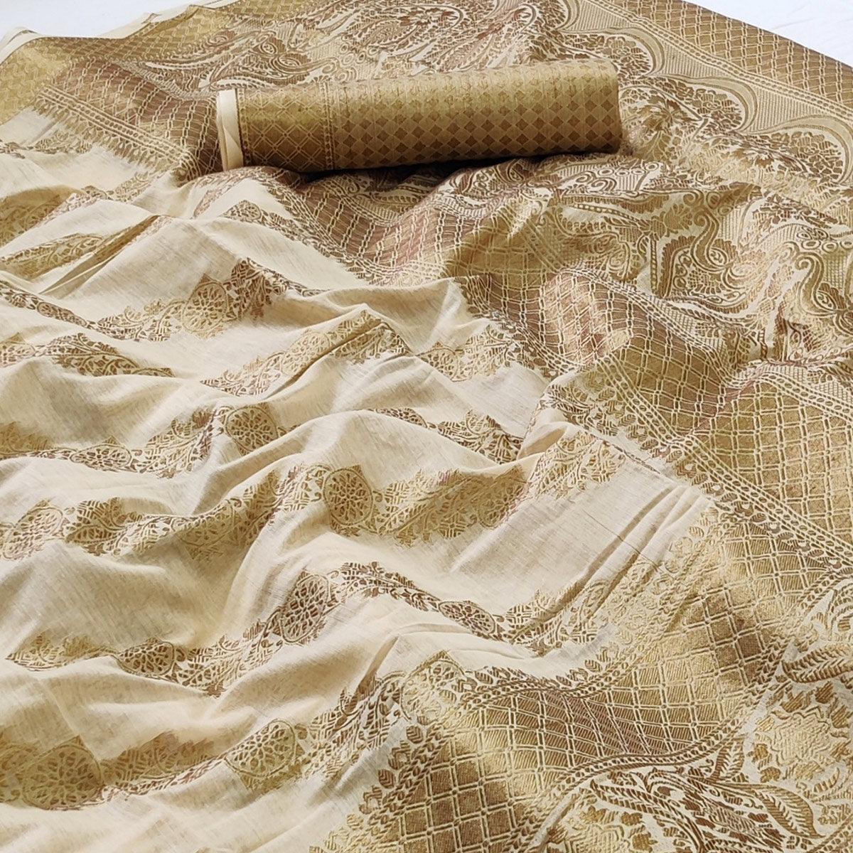 Cream Woven Poly Cotton Saree - Peachmode