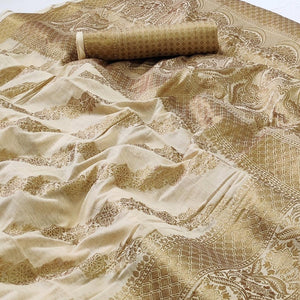 Cream Woven Poly Cotton Saree - Peachmode