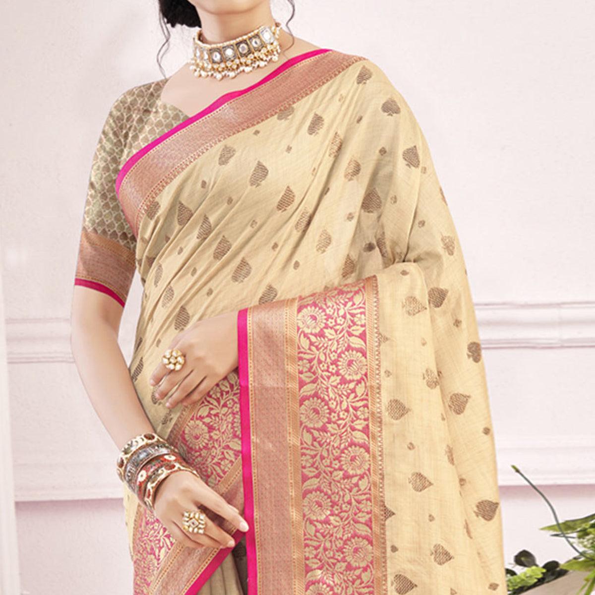 Cream Woven Poly Cotton Saree - Peachmode