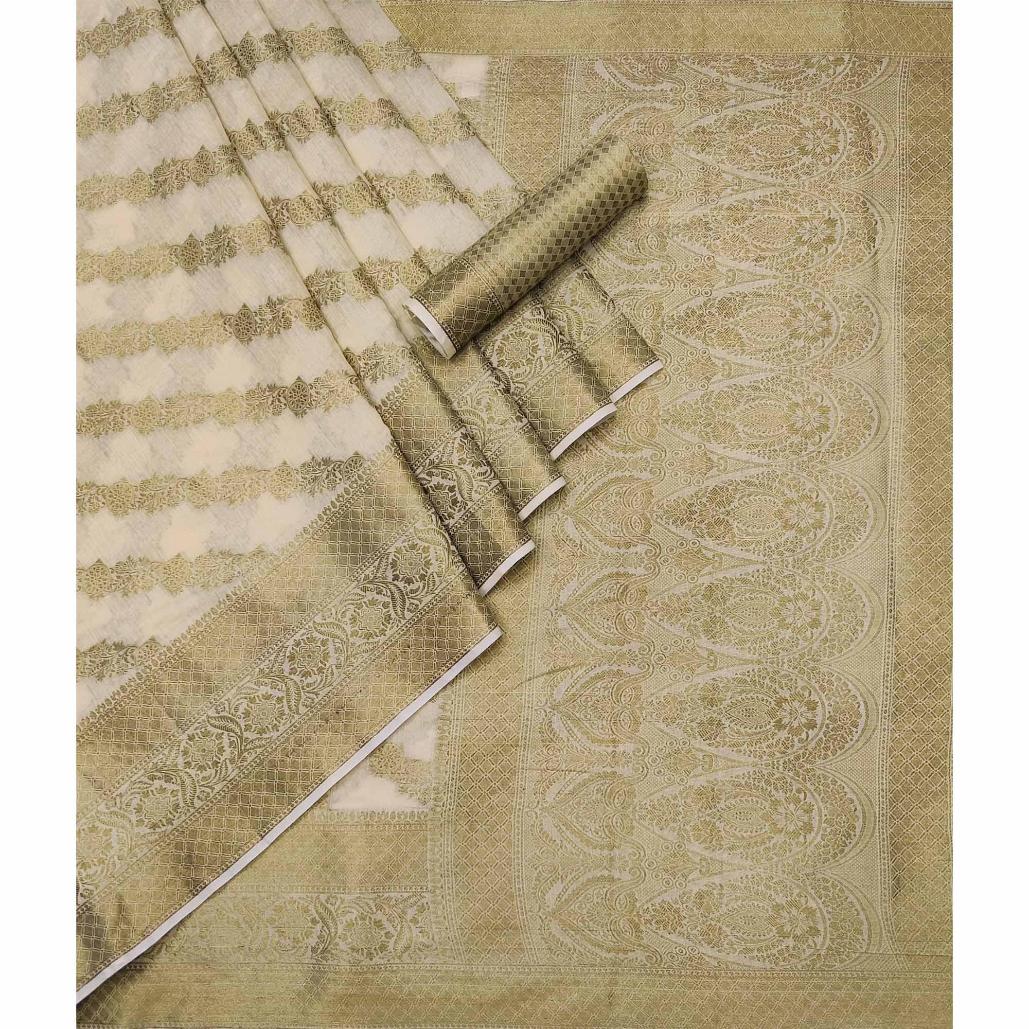 Cream Woven Poly Cotton Saree - Peachmode